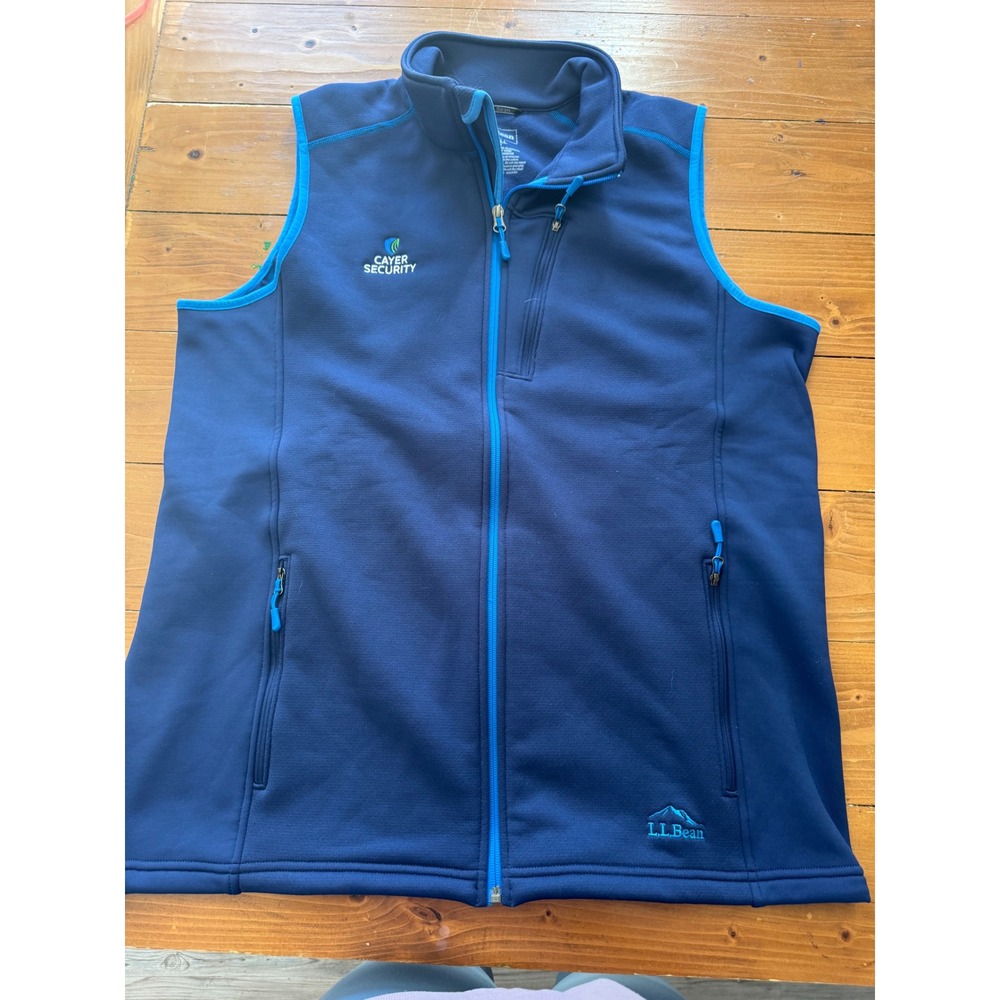 LL Bean Mens Softshell Vest Navy Blue Cyan Full Zip L Tall‎ Cayer Security Logo